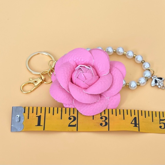 Pink Camellia Flower Keychain with Pearl Bead Strap - Picture 4 of 4